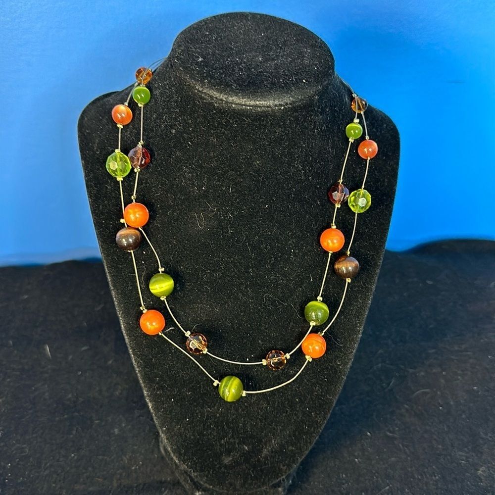 Retro Floating Beads Double Strand Necklace Green Orange Smokey Costume Jewelry